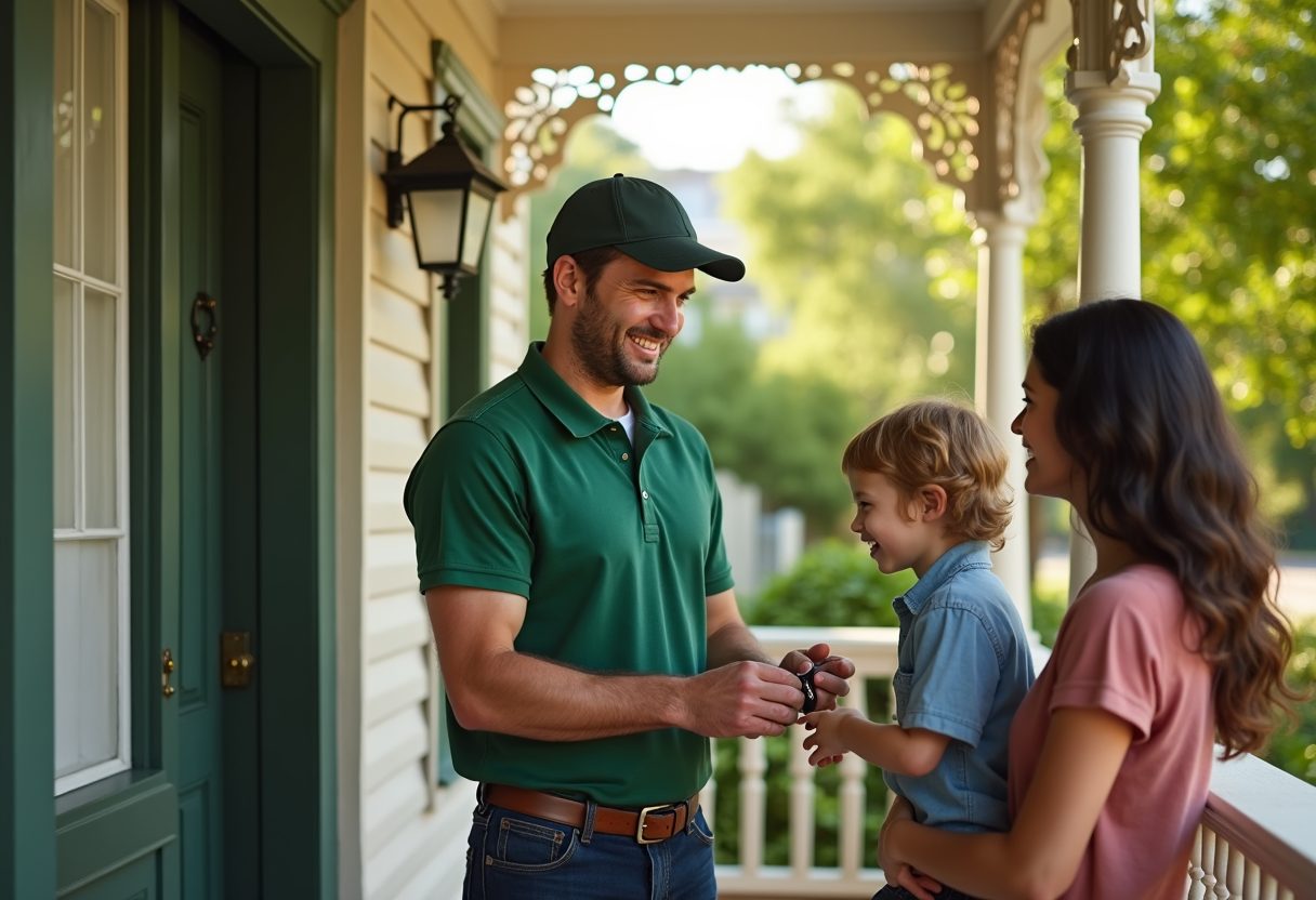 Locksmith handing new keys to a family on their verandah — Chatswood West