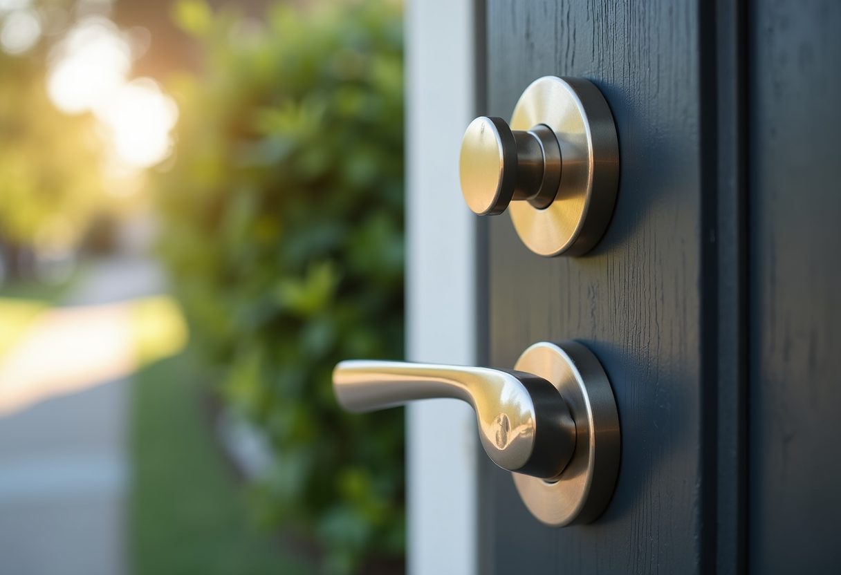 New chrome handle and deadbolt on a timber door